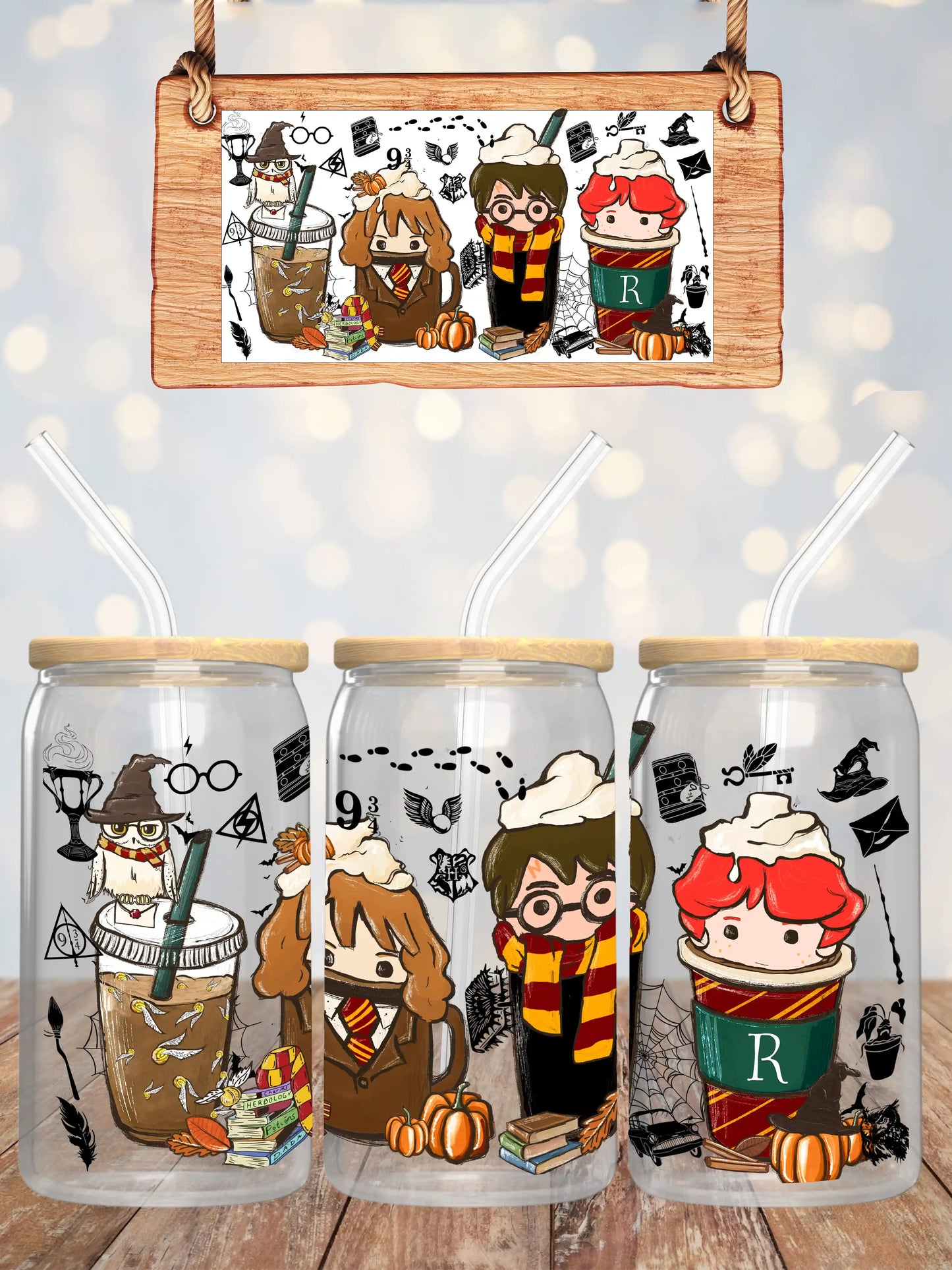 Harry Potter Glass Can with Lid & Straw