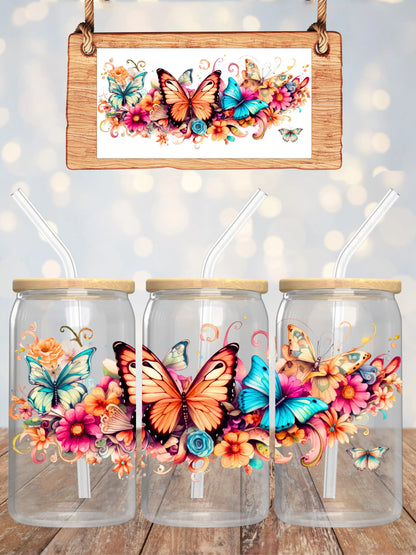 Butterflies Flowers Glass Can with Lid & Straw