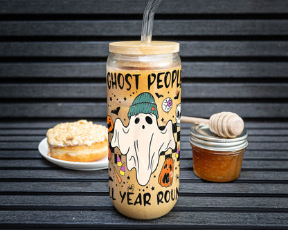 I Ghost People Glass Can with Lid & Straw