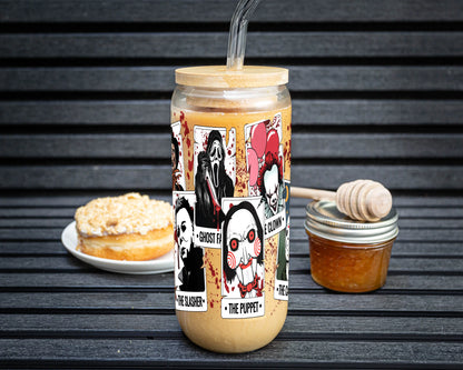 Horror Characters Tarot Cards Glass Can with Lid & Straw