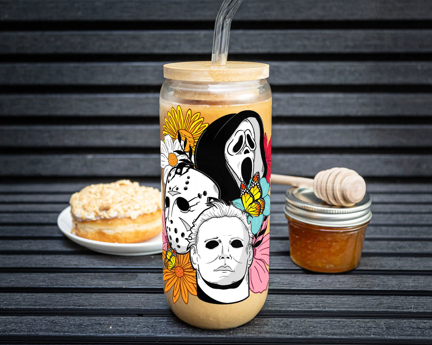 Floral Horror Characters Glass Can with Lid & Straw