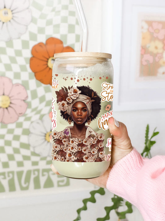 Black Girl Boho Inspiration Glass Can with Lid & Straw