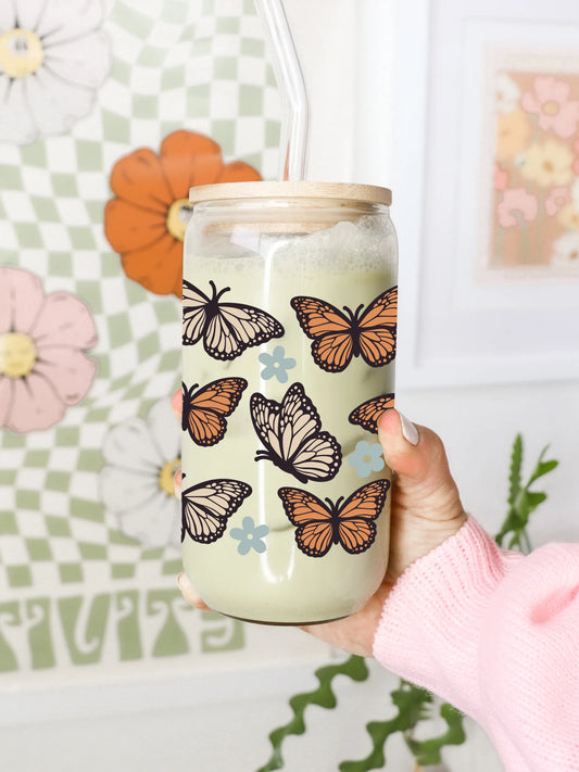Boho Butterfly Glass Can with Lid & Straw