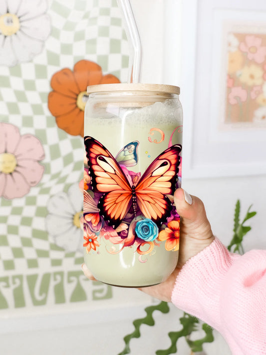 Butterflies Flowers Glass Can with Lid & Straw