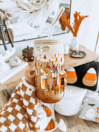 Fall Season Drinks Glass Can with Lid & Straw