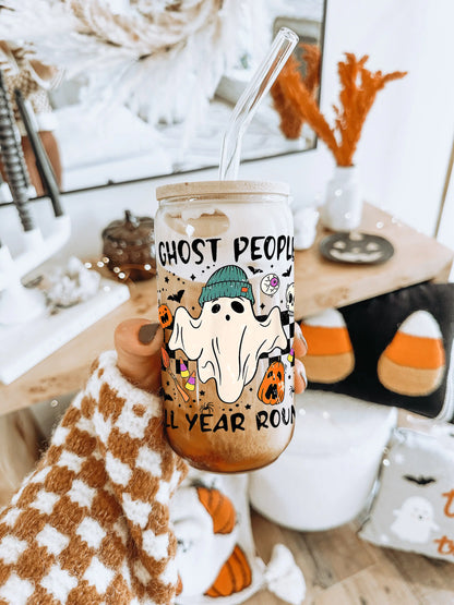 I Ghost People Glass Can with Lid & Straw