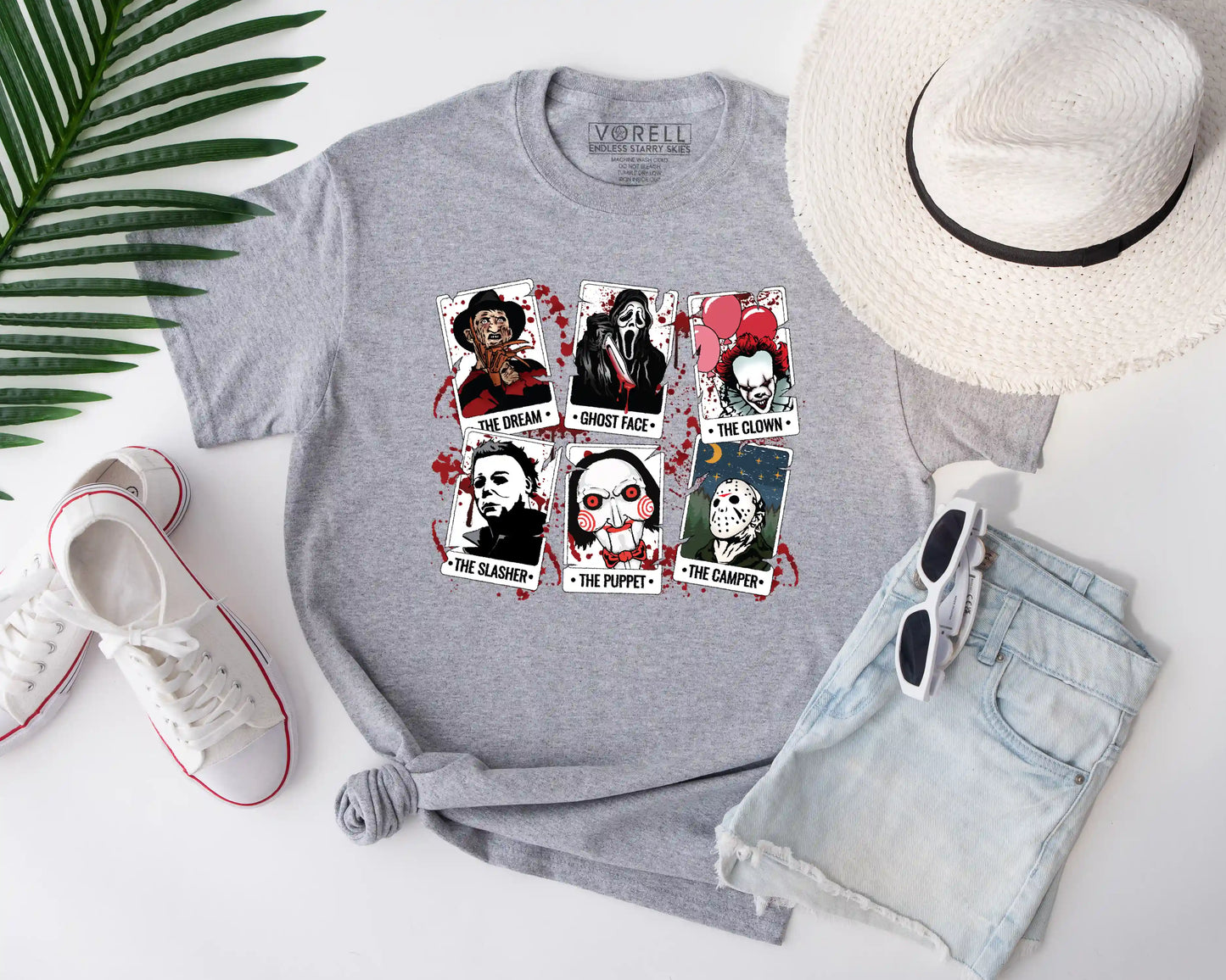 Horror Characters Tarot Cards Crewneck T-Shirt