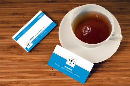 vorell traditional business cards near a cup of tea