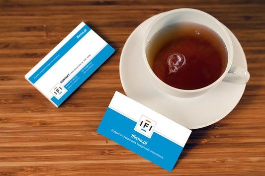 vorell traditional business cards near a cup of tea