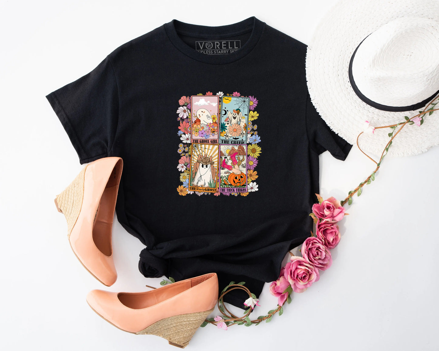 Retro Halloween Floral Ghost Tarot Cards Crewneck T-Shirt